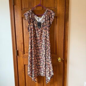 Floral Flutter Sleeve A-Line Dress - Black/Pink